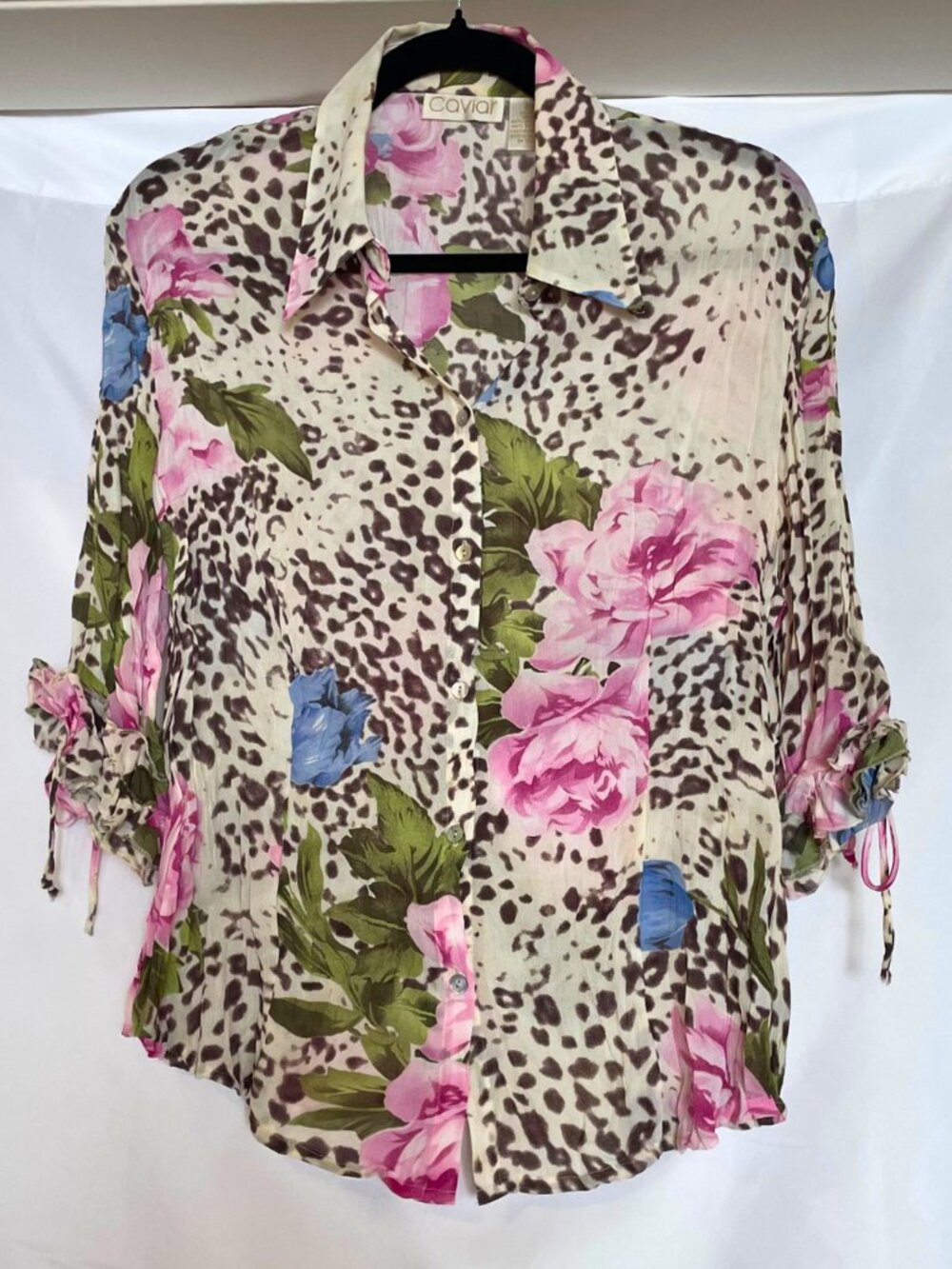 Vintage Caviar Floral Leopard Print Button-Up Blouse – Size Large